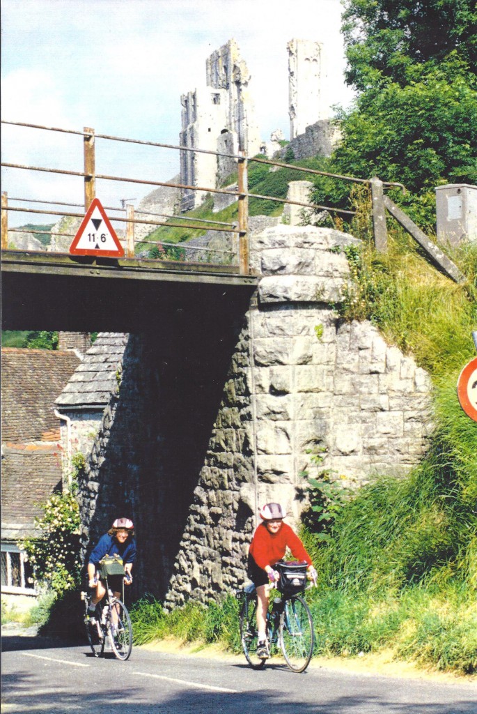 Judy's bike as a solo again, after the children had outgrown the trailer bike and tandem conversion. It was taken at Corfe Castle on the ride to launch the Purbeck Cycleway in 1995. 47 miles.