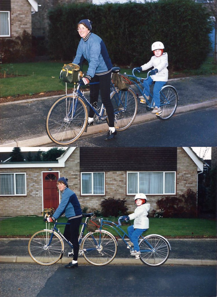 Judy with the newly bought trailer bike and her son, then aged five. 1988.